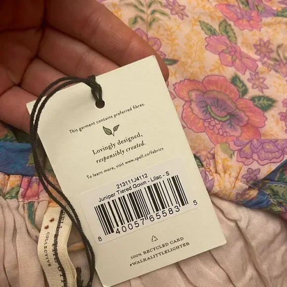 Free People Spell Rae Juniper Gown Puff Sleeve Printed Tiered Maxi Dress - Picture 8 of 9